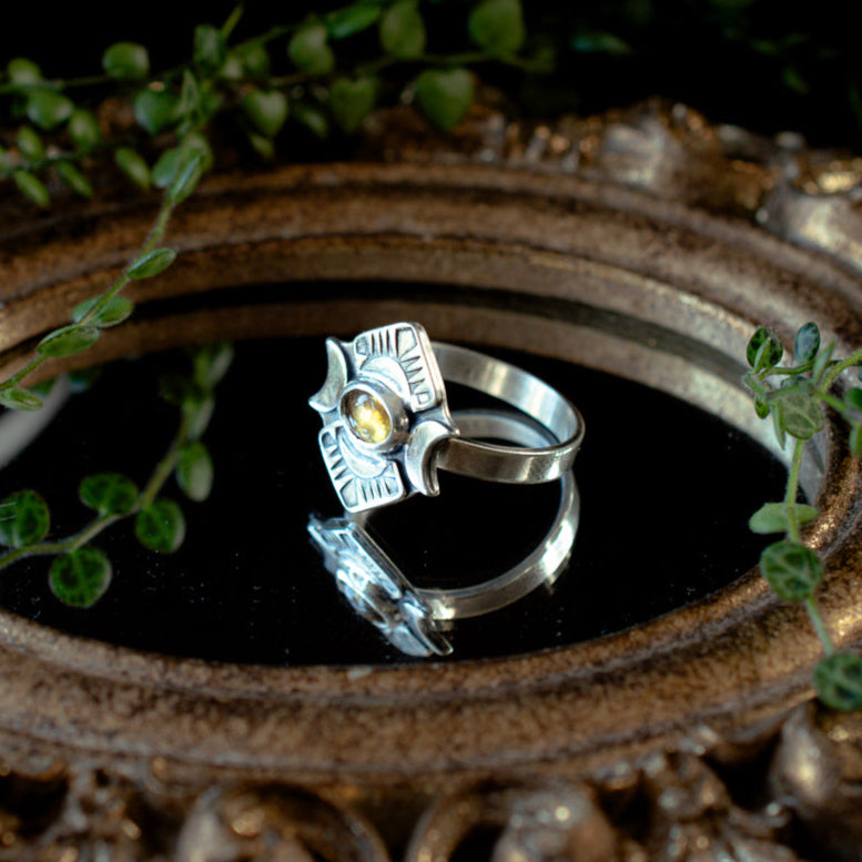 Yellow tourmaline sterling silver ring with stamped and crescent moon details.